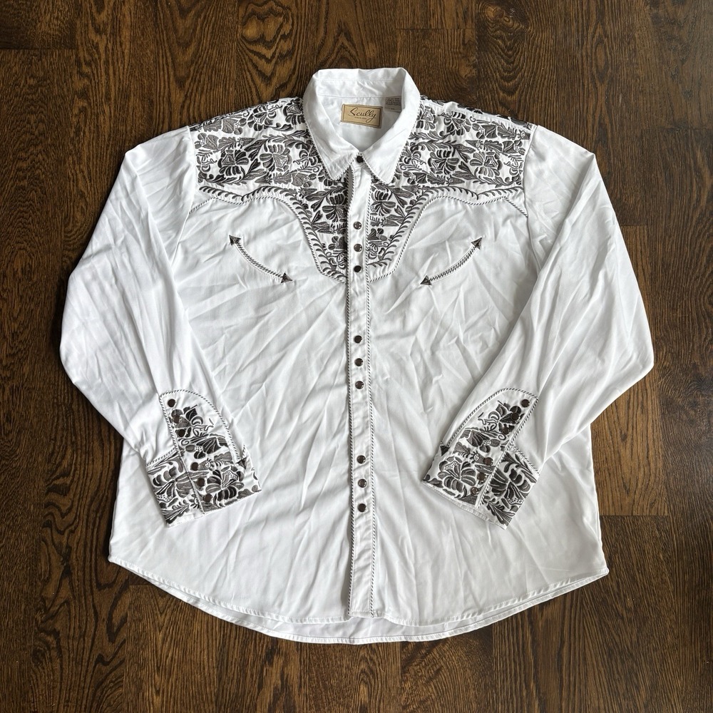 NWT Scully Gunfighter Western Shirt XXL White Pewter Embroidered Pearl Snap Men